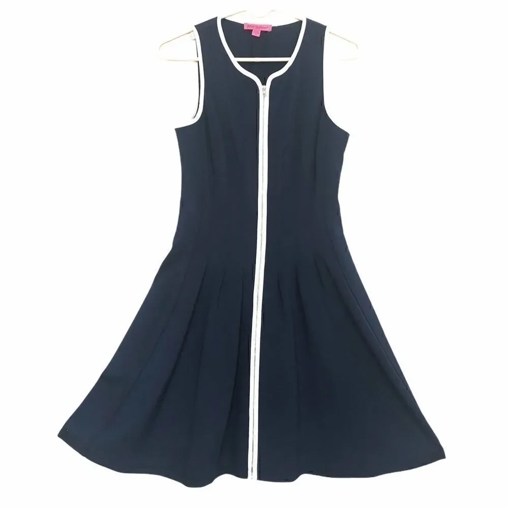 Vintage Betsey Johnson Navy Zipper Front Dress w/ White Piping Sz:6 - Picture 7 of 11